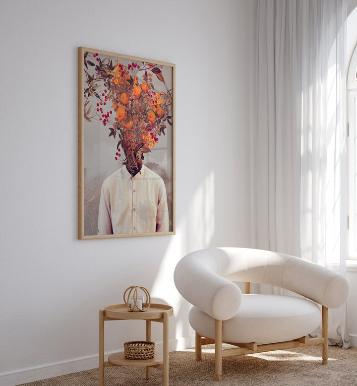 Bright Bloom By Frank Moth Surreal Art Prints Surrealism in Oak Wood Plain Frame placed on a white wall behind a sofa