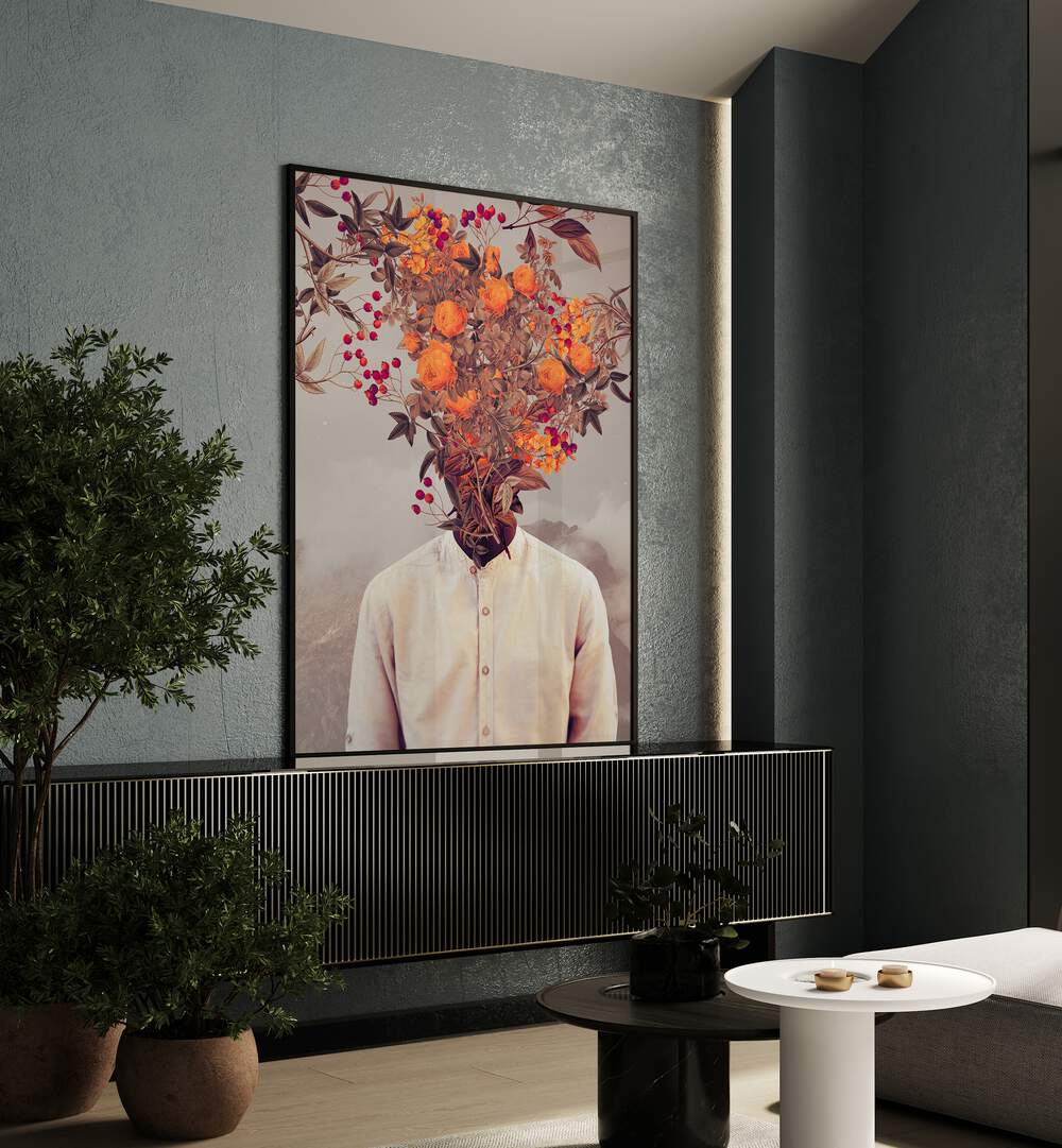 Bright Bloom By Frank Moth Surreal Art Prints Surrealism in Black Plain Frame placed on a console table