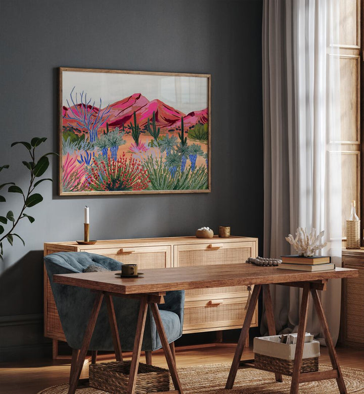 Bright Desert By Sarah Gesek Landscape Art Prints in Oak Wood Plain Frame placed on a wall beside a wall and behind a console table