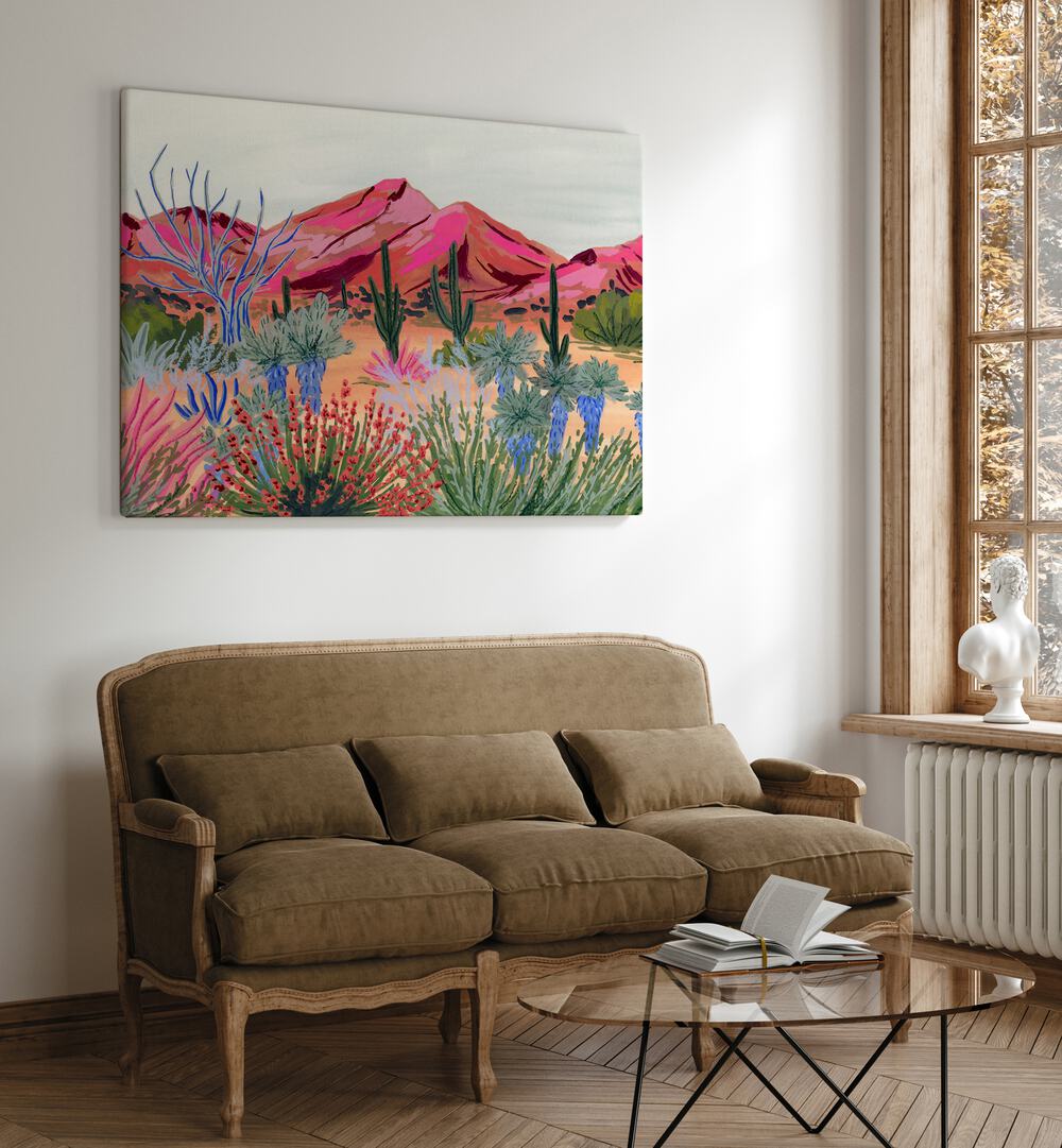 Bright Desert By Sarah Gesek Landscape Art Prints in Gallery Wrap placed on a living room wall behind a sofa and beside a window