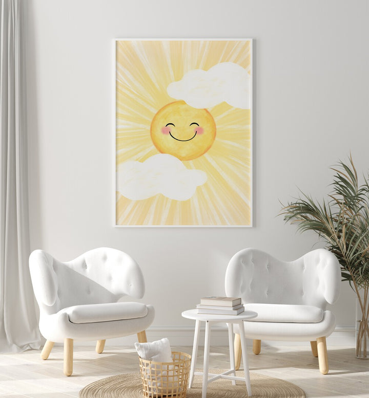 Cheerful sun with clouds, perfect for BRIGHT SUNNY DAY, KIDS ROOM PAINTINGS, brightening any child's space.