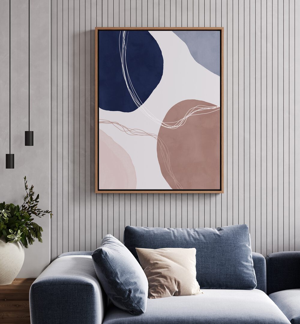 Broken Pieces By Mareike Bohmer Abstract Art Abstract Paintings in Oak Wood Floater Frame placed on a White Colored Wall near a Blue Sofa in the Living Room