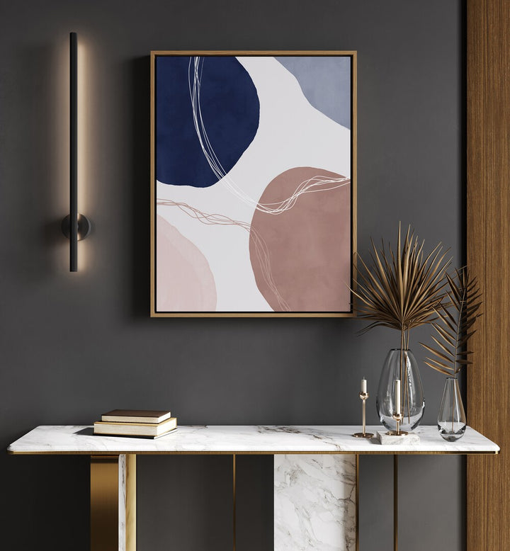 Broken Pieces By Mareike Bohmer Abstract Art Abstract Paintings in Oak Wood Floater Frame placed on a Dark Grey Colored Wall above a Console Table in the Living Room