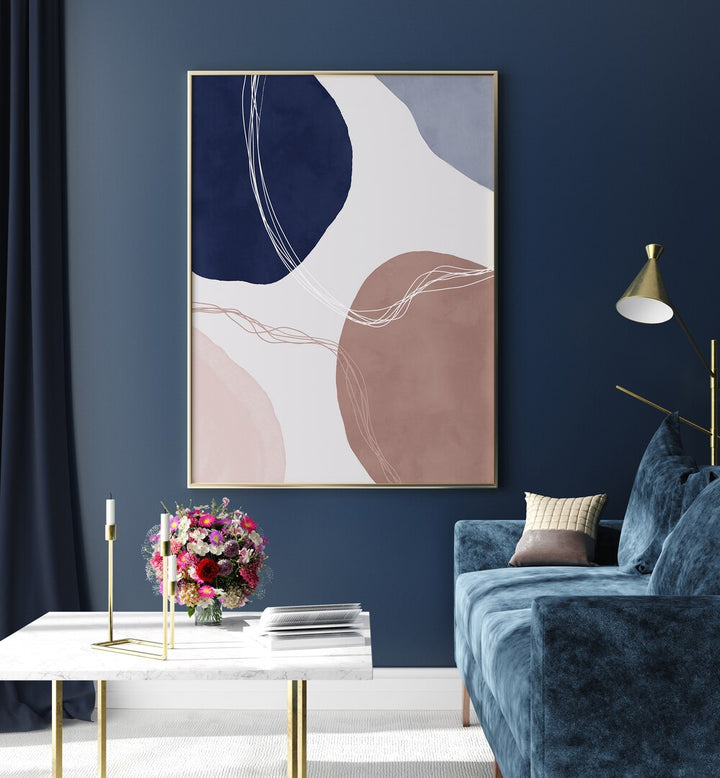 Broken Pieces By Mareike Bohmer Abstract Art Abstract Paintings in Gold Plain Frame placed on a Blue Colored Wall near a Blue Sofa in the Living Room