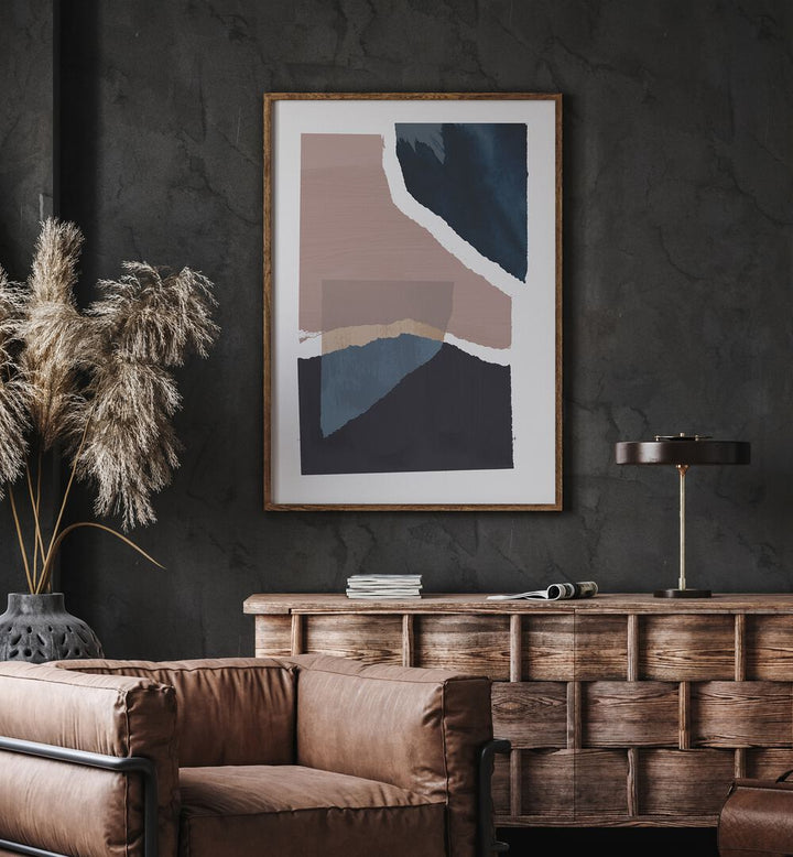 Broken Pieces By Mareike By Mareike Bohmer Abstract Art Abstract Paintings in Oak Wood Plain Frame placed on a Dark Grey Colored Wall above a Console Table in the Living Room