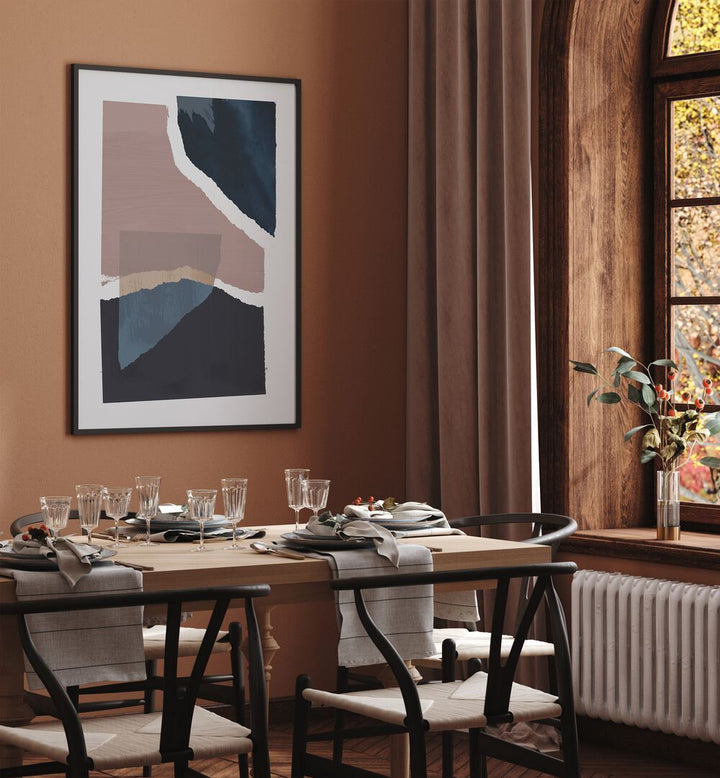 Broken Pieces By Mareike By Mareike Bohmer Abstract Art Abstract Paintings in Black Plain Frame placed on a Brown Colored Wall near a Dining Table in the Dining Room 