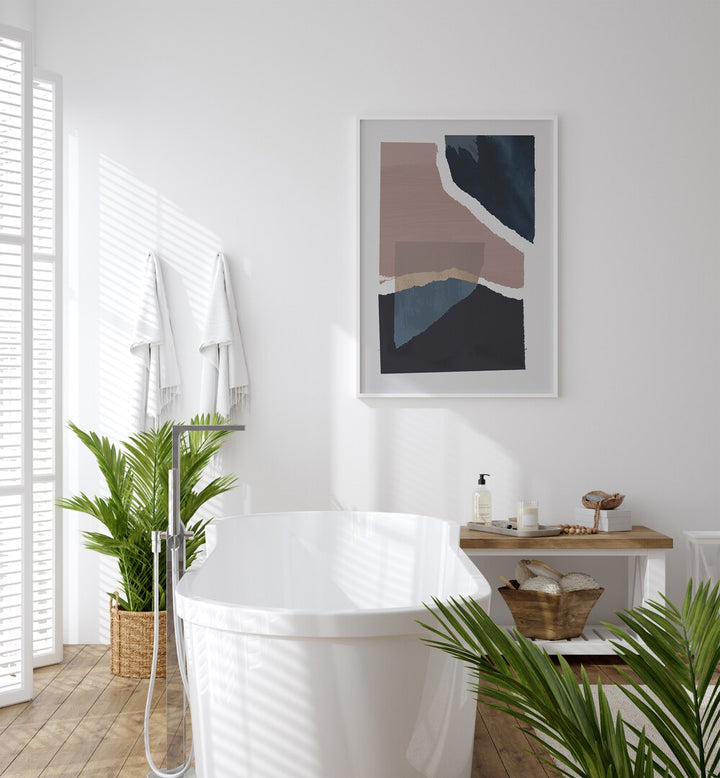 Broken Pieces By Mareike By Mareike Bohmer Abstract Art Abstract Paintings in White Plain Frame placed on a White Colored Wall near a Bathtub in the Bathroom