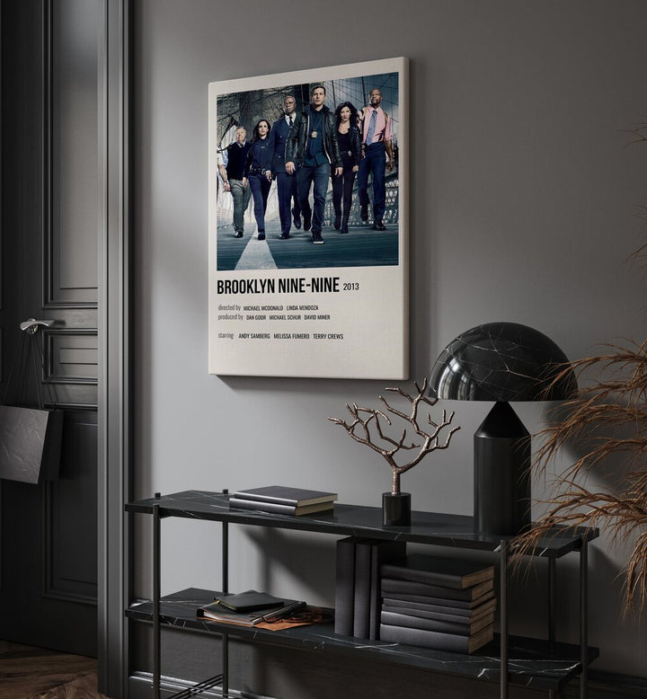 Brooklyn Nine-nine 2013 Movie Posters in Gallery Wrap hanging on wall above console table beside door and window