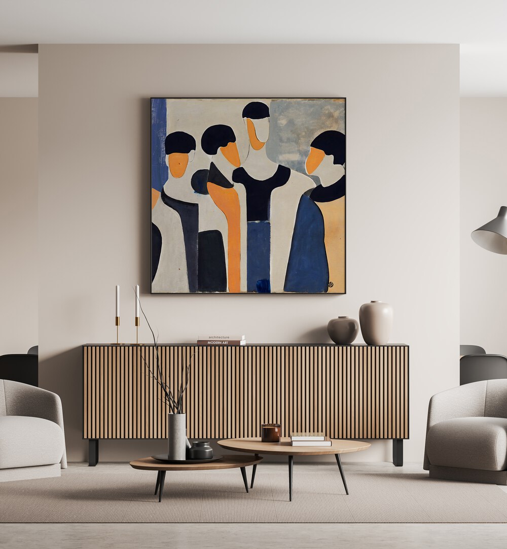Brothers Abstract Art Abstract Paintings in Black Plain Frame placed on a Cream Colored Wall above a Console Table in the Living Room