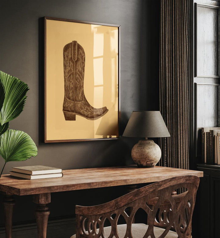 Brown Cowgirl Boot Fashion Paintings Fashion Posters in Dark Wood Plain Frame placed on a Brown Colored Wall Above a Study Table near a Workspace in the Drawing Room