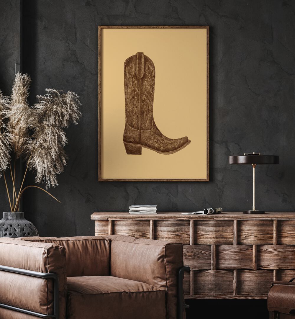 Brown Cowgirl Boot Fashion Paintings Fashion Posters in Oak Wood Plain Frame placed on a Dark Grey Colored Wall above a Console Table in the Living Room