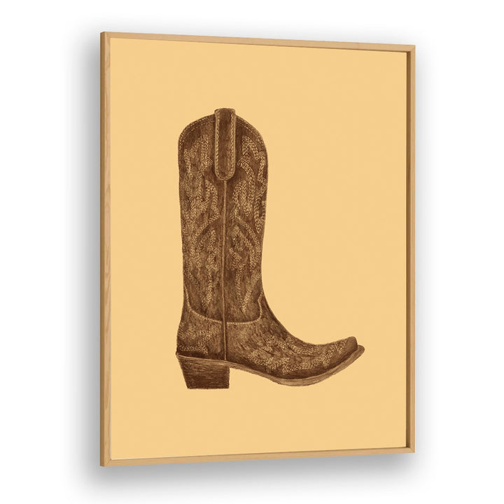 Brown Cowgirl Boot Fashion Paintings Fashion Posters in Oak Wood Plain Frame