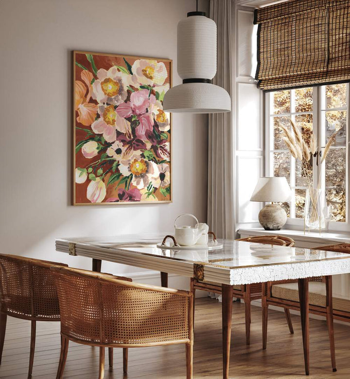 Brown Orchids By Ania Zwara Botanical Art Prints Floral Paintings in Oak Wood Plain Frame placed on a Cream Colored Wall near a Dining Table in the Dining Room