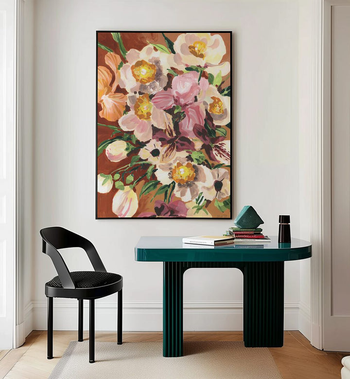 Brown Orchids By Ania Zwara Botanical Art Prints Floral Paintings in Black Plain Frame placed on a Cream Colored Wall near a Table in a Workspace in the Drawing Room