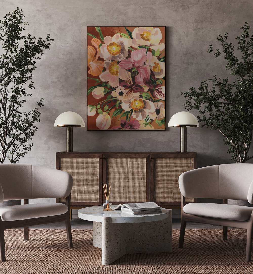 Brown Orchids By Ania Zwara Botanical Art Prints Floral Paintings in Black Plain Frame placed on a Beige Colored Wall above a Console Table in the Living Room