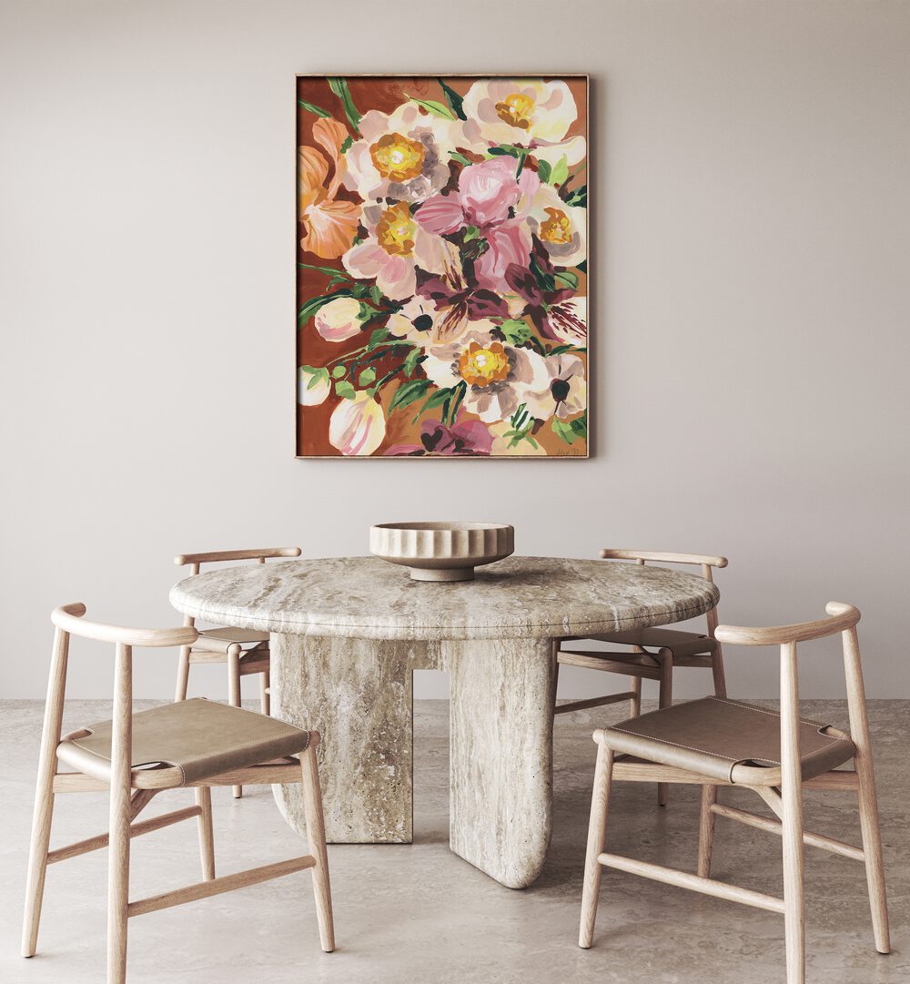 Brown Orchids By Ania Zwara Botanical Art Prints Floral Paintings in Dark Wood Plain Frame placed on a Cream Colored Wall near a Dining Table in the Dining Room