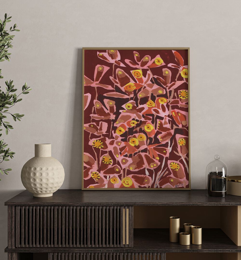 Brown Retro Butterflies By Ania Zwara Botanical Art Prints Floral Paintings in Oak Wood Plain Frame placed on a Console Table near a Cream Colored Wall