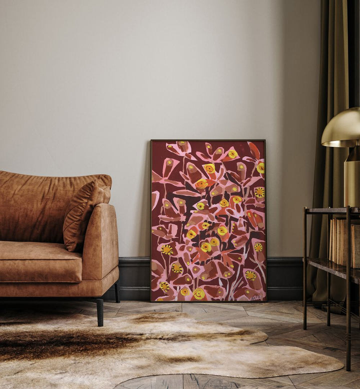 Brown Retro Butterflies By Ania Zwara Botanical Art Prints Floral Paintings in Black Plain Frame placed on the floor near a Cream Colored Wall near a Brown Sofa in the Living Room