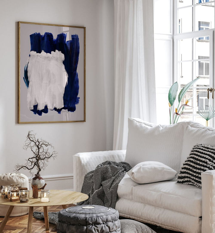 Brush Of Imagination By Mareike Bohmer Abstract Art Abstract Paintings in Oak Wood Plain Frame placed on a White Colored Wall near a White Sofa in the Living Room