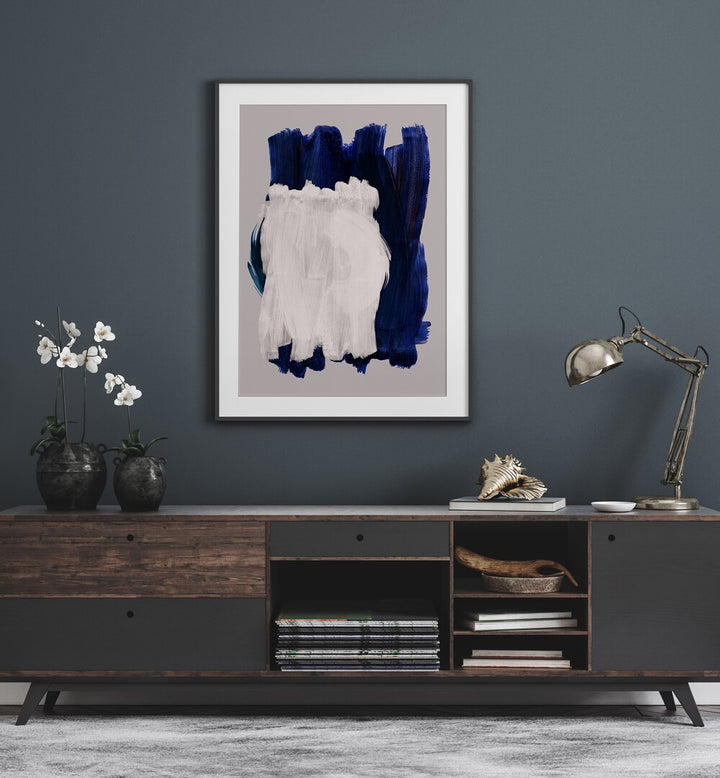 Brush Of Imagination By Mareike Bohmer Abstract Art Abstract Paintings in Black Frame With Mount placed on a Dark Grey Colored Wall above a Console Table in the Living Room