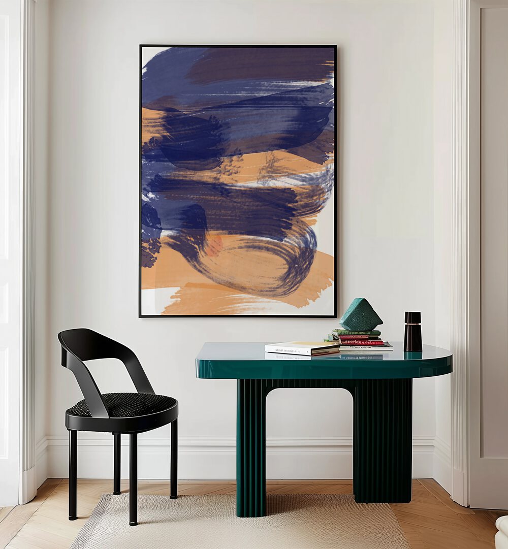 Brushed Sapphire Sunset by Nilesh Kulkarni Abstract Paintings in Black Plain Frame placed on a wall behind a study table