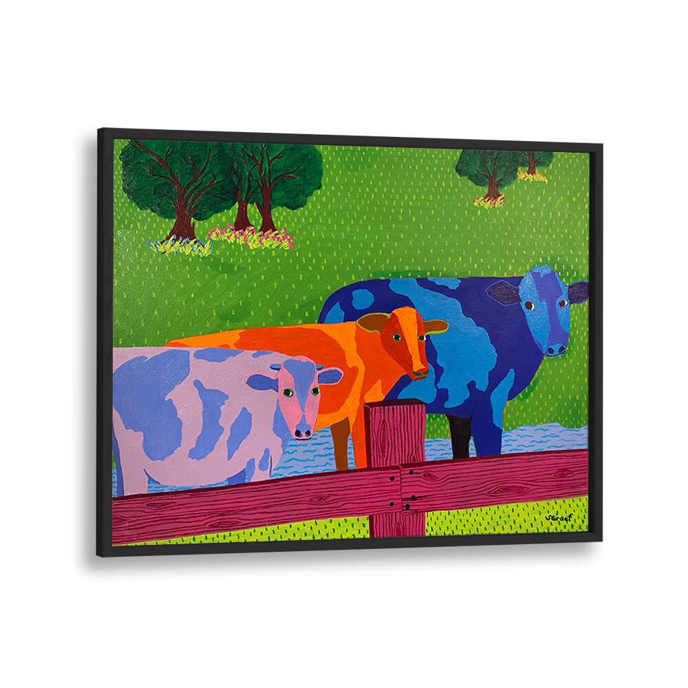 three cows landscape art prints in Black Plain Frame