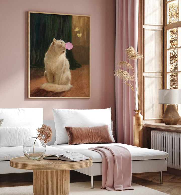 Bubble Gum And Cat by the Art Concept Altered Art Prints in Oak Wood Plain Frame placed on a wall behind a sofa