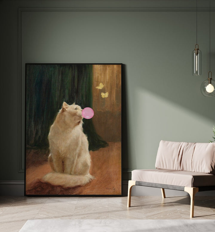 Bubble Gum And Cat by the Art Concept Altered Art Prints in Black Plain Frame placed on the floor beside a sofa