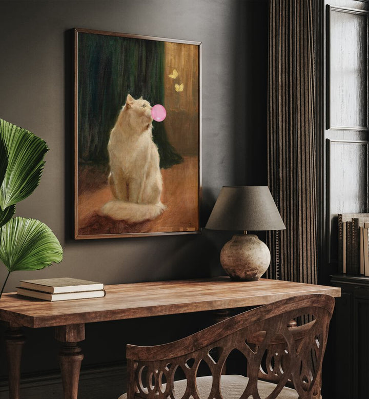 Bubble Gum And Cat by the Art Concept Altered Art Prints in Dark Wood Plain Frame placed on a wall above a study table