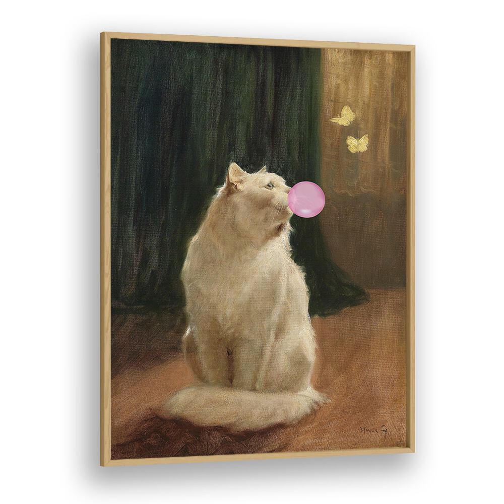 Bubble Gum And Cat by the Art Concept Altered Art Prints in Oak Wood Plain Frame