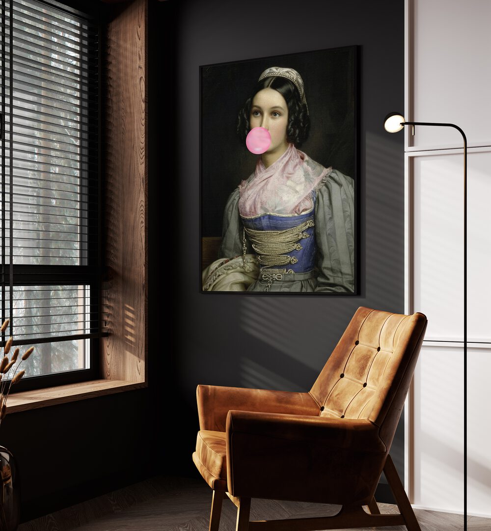 Bubble Gum Portrait by the Art Concept Altered Art Prints in Black Plain Frame placed on a wall beside an orange sofa