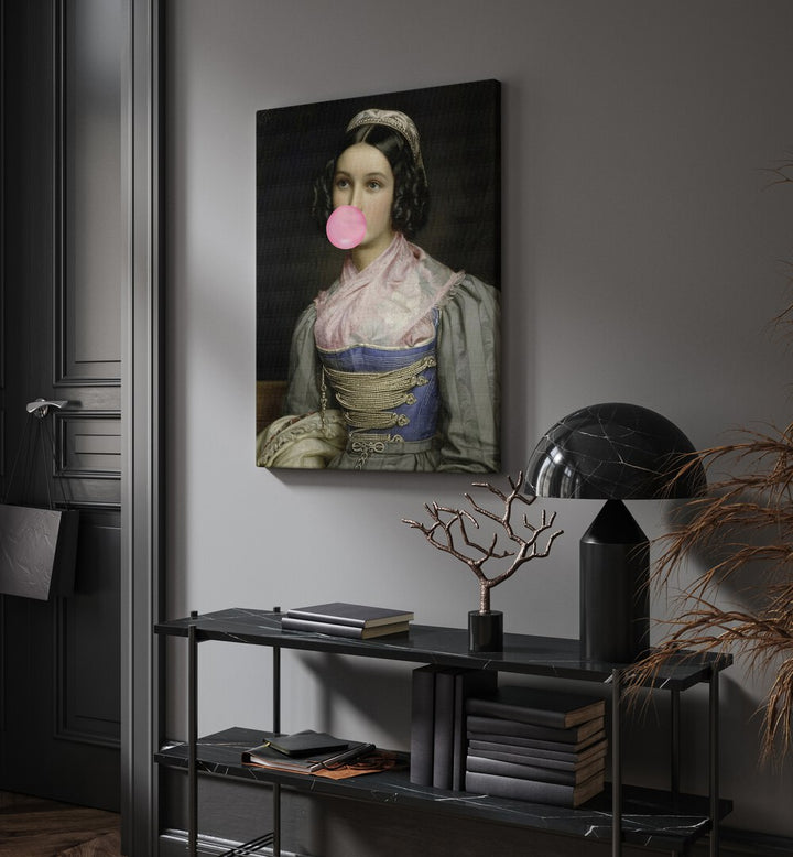 Bubble Gum Portrait by the Art Concept Altered Art Prints in Gallery Wrap placed on a wall behind a table and beside a door