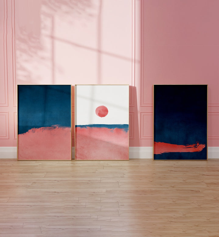 Bubblegum Mist Set Set Of 3 Paintings in Oak Wood Plain Frame placed on the floor