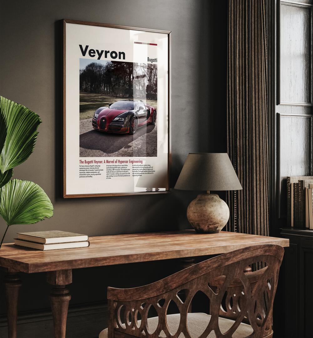 Bugatti Veyron Car Posters Automotive Wall Art Prints in Dark Wood Plain Frame placed on a Dark Brown Colored Wall Above a Study Table in a Workspace in the Drawing Room