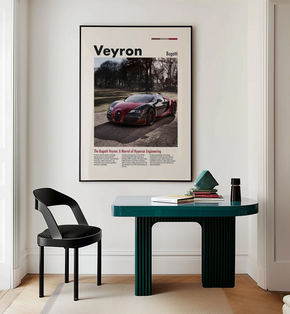 Bugatti Veyron Car Posters Automotive Wall Art Prints in Black Plain Frame placed on a Cream Colored Wall near a Study Table in a Workspace in the Drawing Room