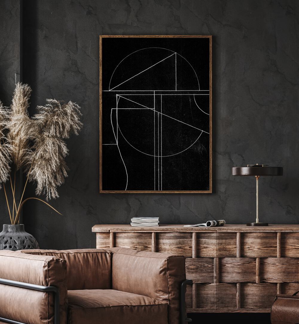 Buia By Dan Hobday Abstract Art Abstract Paintings in Oak Wood Plain Frame placed on a Dark Grey Colored Wall above a Console Table in the Living Room