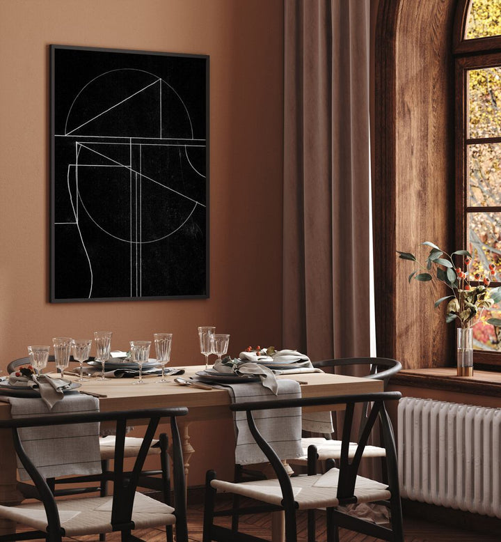 Buia By Dan Hobday Abstract Art Abstract Paintings in Black Plain Frame placed on a Brown Colored Wall near a Dining Table in the Dining Room