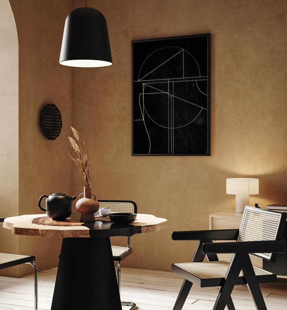 Buia By Dan Hobday Abstract Art Abstract Paintings in Black Plain Frame placed on a Dessert Brown Colored Wall near a Dining Table in the Dining Room