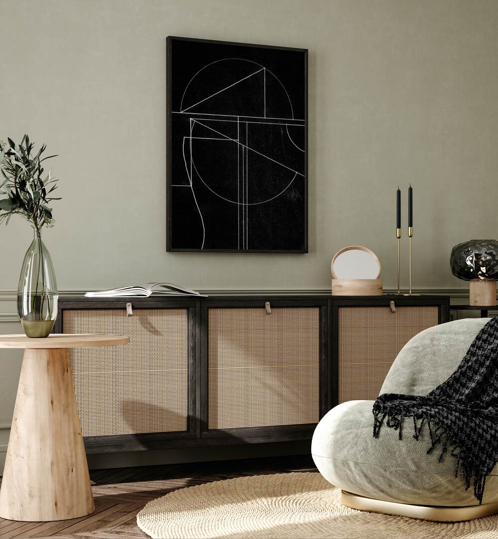 Buia By Dan Hobday Abstract Art Abstract Paintings in Black Plain Frame placed on a Light Green Colored Wall above a Console Table in the Drawing Room