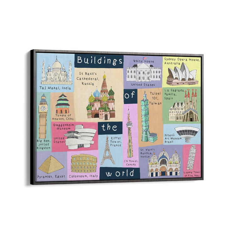 Buildings Of The World By Carla Daly Kids Room Art in Black Floater Frame