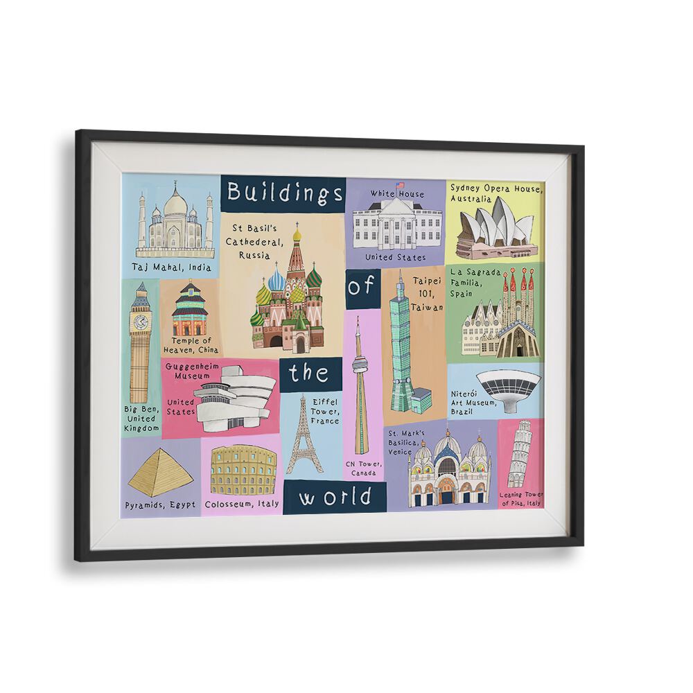 Buildings Of The World By Carla Daly Kids Room Art in Black Frame With Mount