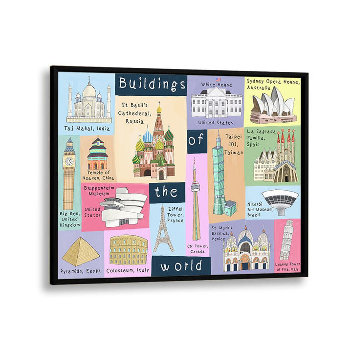 Buildings Of The World By Carla Daly Kids Room Art in Black Plain Frame