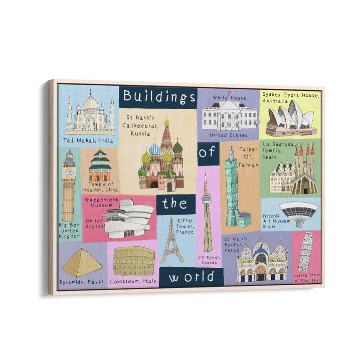 Buildings Of The World By Carla Daly Kids Room Art in Oak Wood Floater Frame