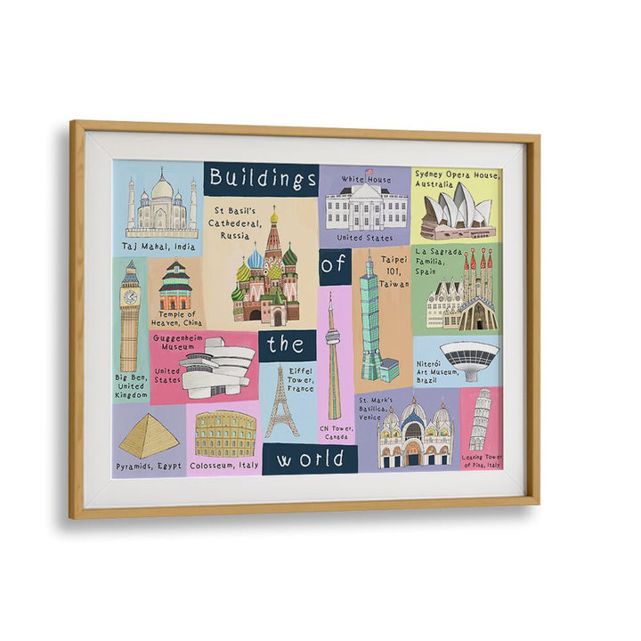 Buildings Of The World By Carla Daly Kids Room Art in Oak Wood Frame With Mount