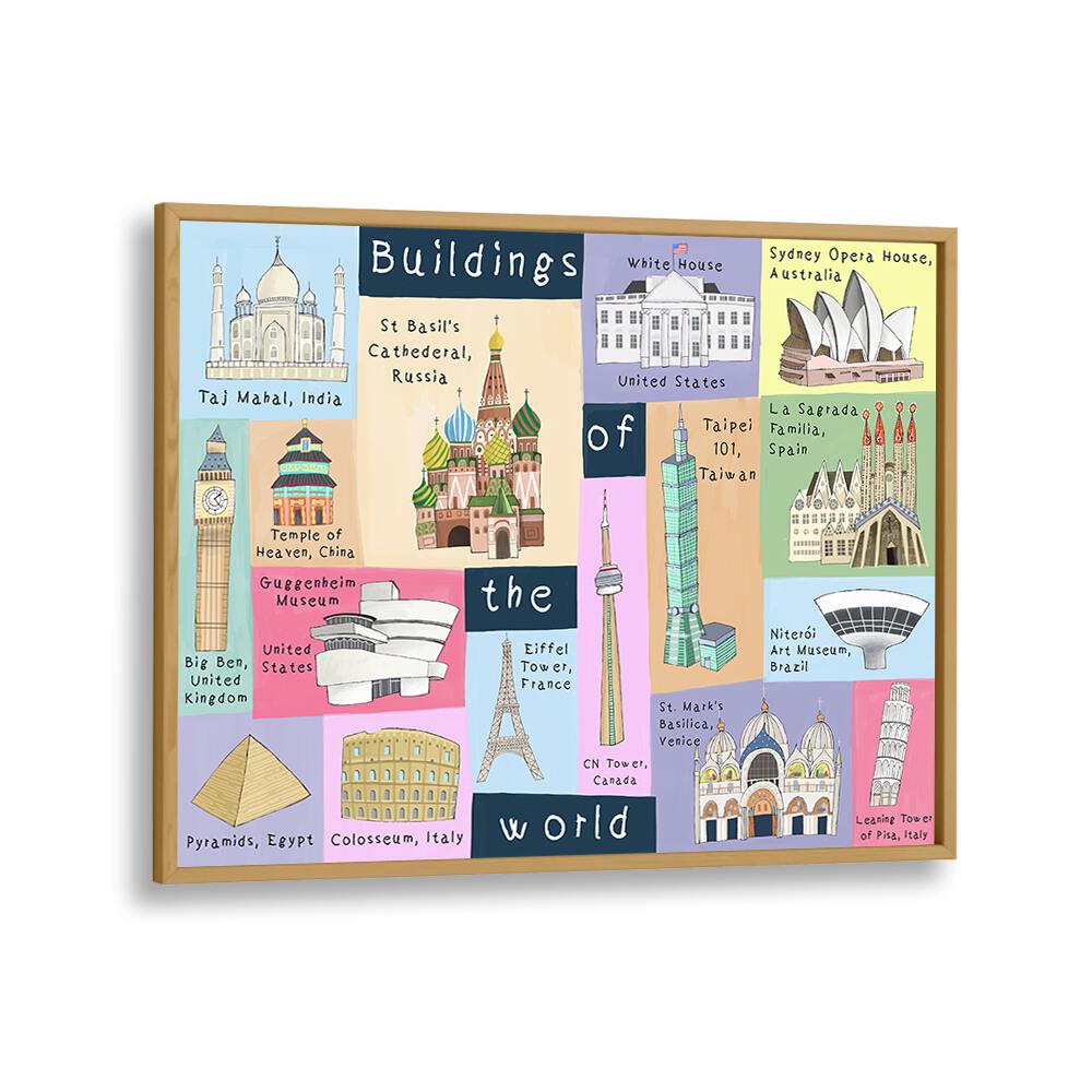 Buildings Of The World By Carla Daly Kids Room Art in Oak Wood Plain Frame