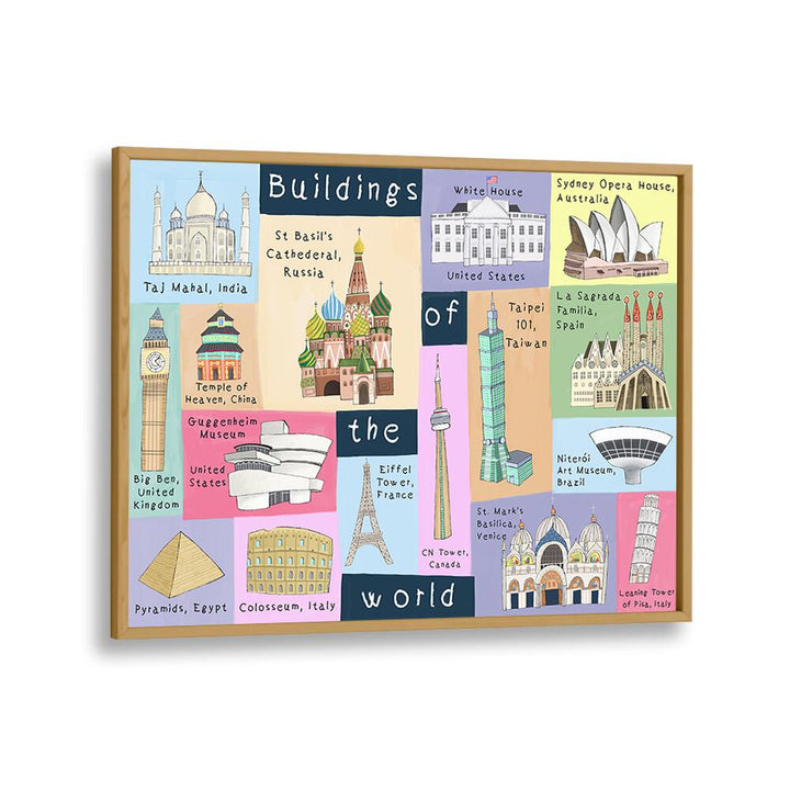 Buildings Of The World By Carla Daly Kids Room Art in Oak Wood Plain Frame