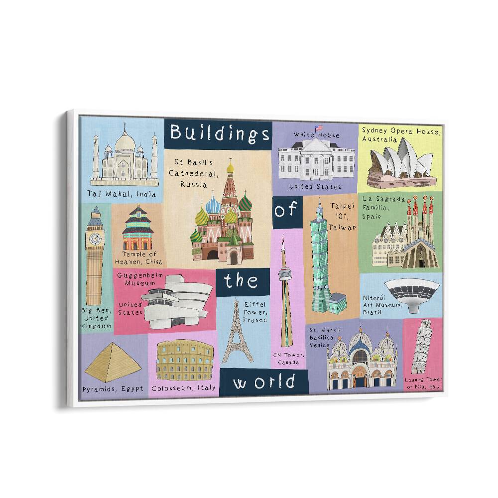 Buildings Of The World By Carla Daly Kids Room Art in White Floater Frame