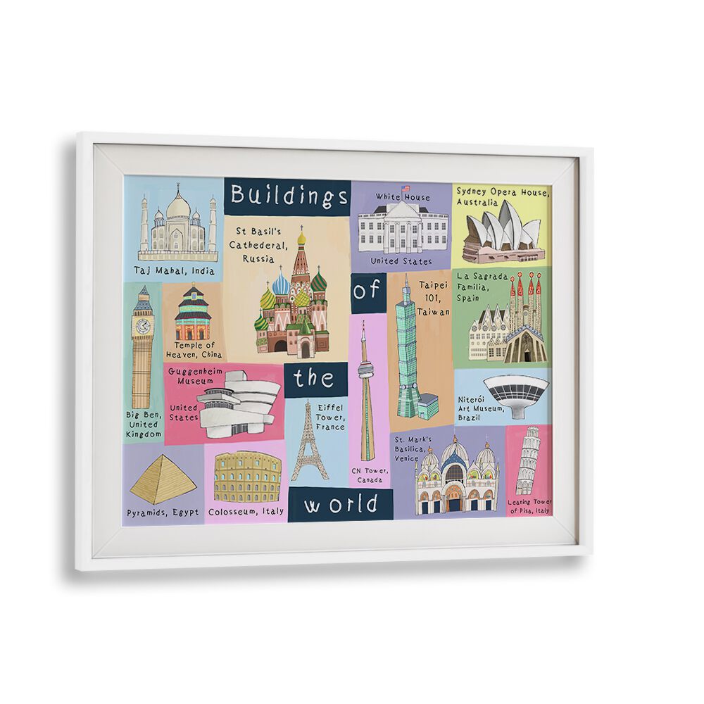 Buildings Of The World By Carla Daly Kids Room Art in White Frame With Mount