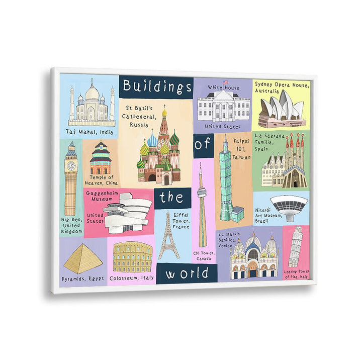 Buildings Of The World By Carla Daly Kids Room Art in White Plain Frame