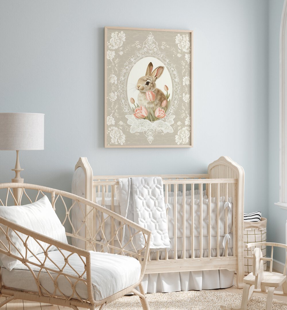 Bunny Blooms I Kids Room Paintings Kids Room Wall Art in Oak Wood Plain Frame placed on a wall in a kids room behind an infant's bed